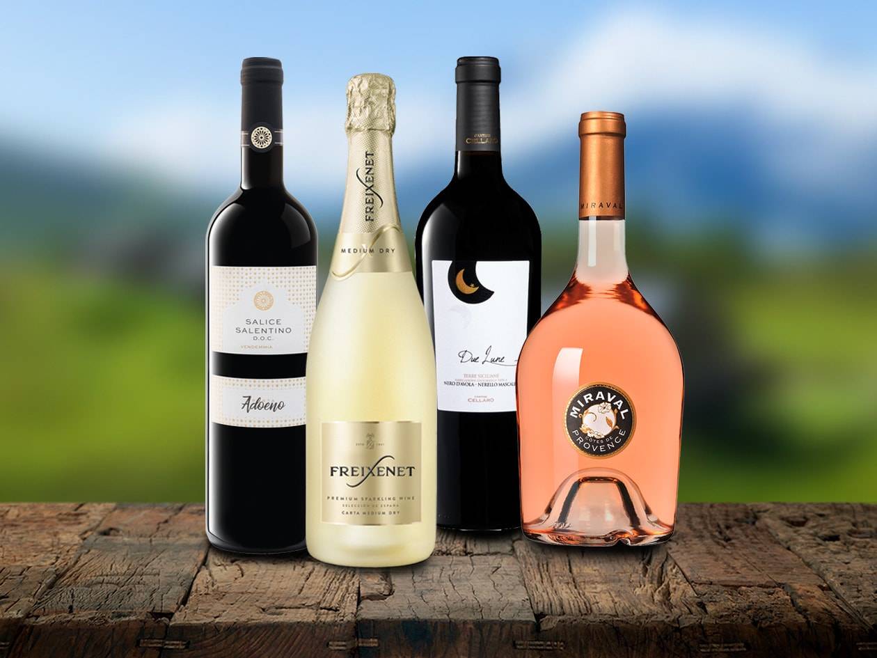 Eine Auswahl an Weinen: Freixenet, Adoeno, Due Lune und Miraval.
