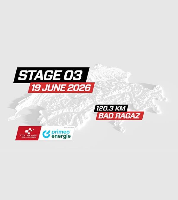 Étape 03 du tour le 19 juin 2026, 120,3 km à Bad Ragaz, avec carte de la Suisse.